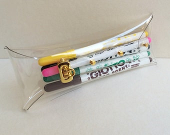 Clear Glitter Pencil Case, Plastic Pen Pouch, See Through Make up Bag,  Vinyl Artist Case, Gold Glitter Plastic Pouch, Small Clear Pen Pouch 