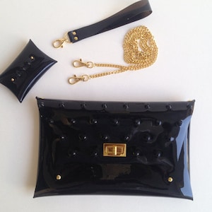 Bolso de mano clásico con tachuelas, bolso de mano clásico con tachuelas, bolso de mano con tachuelas con cadena para el hombro y correa para la muñeca, bolso de mano transparente, bolso de mano transparente/grande/dorado