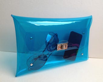 Handmade Clear Vinyl Clutch Bag: Transparent Blue Party Purse