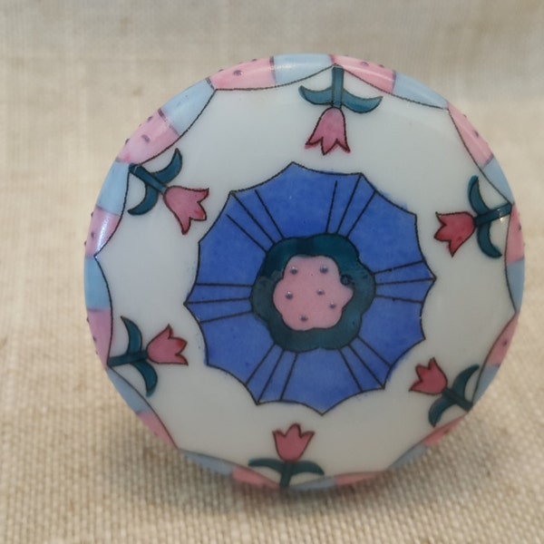 Knob,Ceramic Pink & Blue Knob, Tulip Edge, Flat Top
