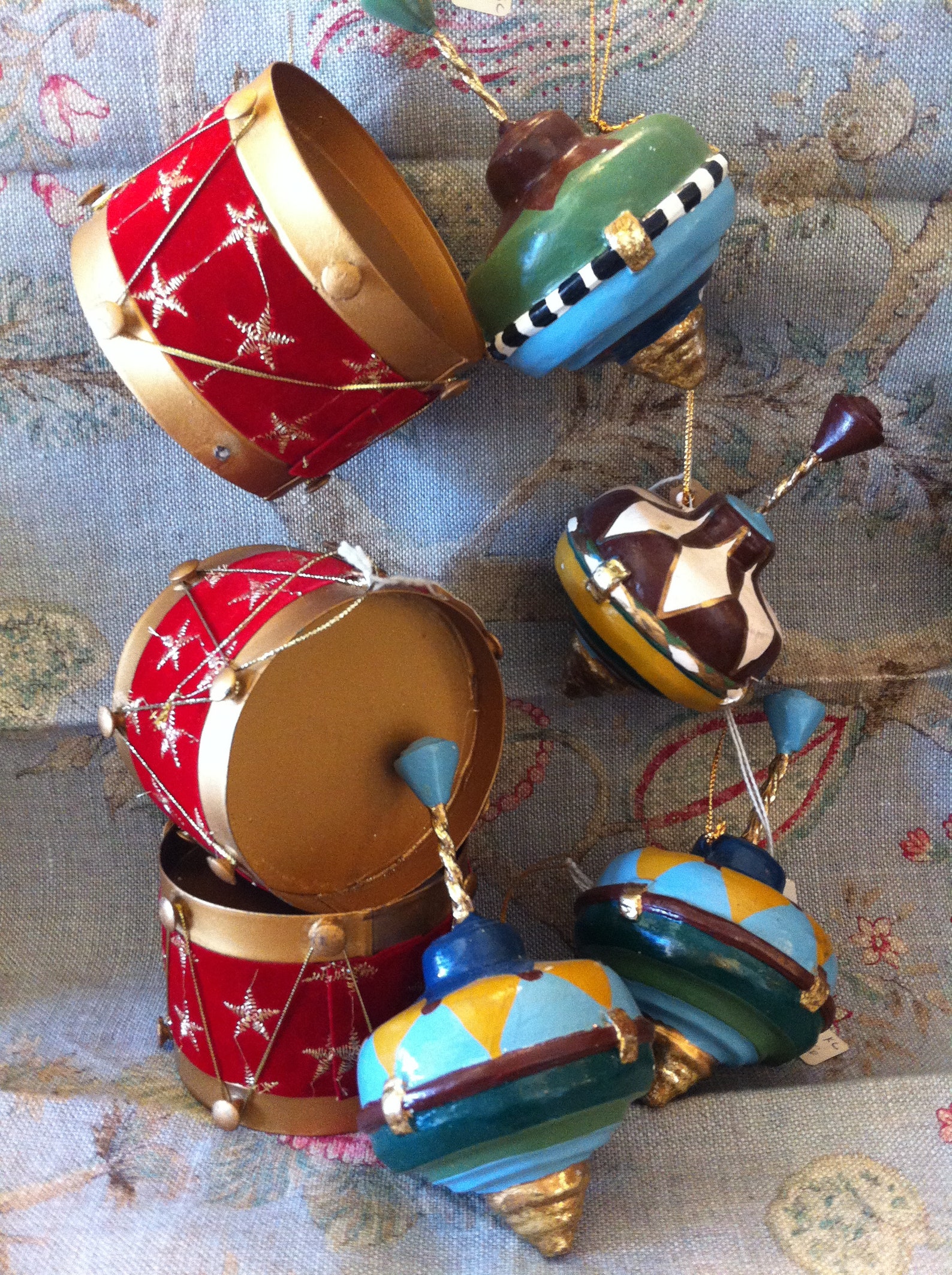 Vintage Ornaments, Tops or Drums, Your Choice, Metal Drums, Paper Mache