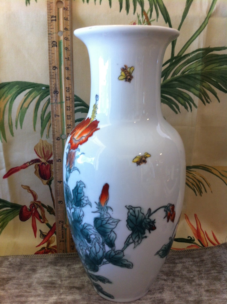 Vase A 10 inch Nora Fenton Designs Hand Decorated Porcelain Featuring Hibiacus Flowers and Bees Vase