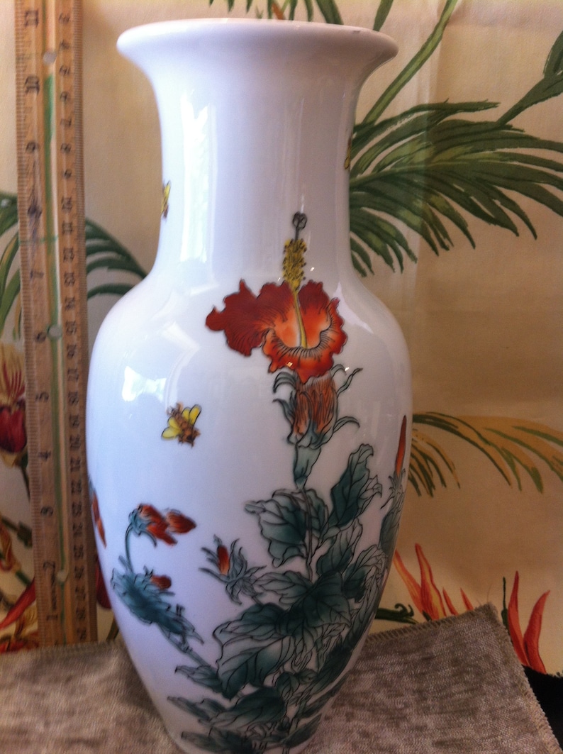Vase A 10 inch Nora Fenton Designs Hand Decorated Porcelain Featuring Hibiacus Flowers and Bees Vase