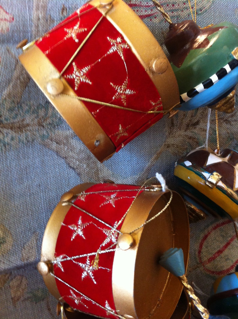 Vintage Ornaments, Tops or Drums, Your Choice, Metal Drums, Paper Mache
