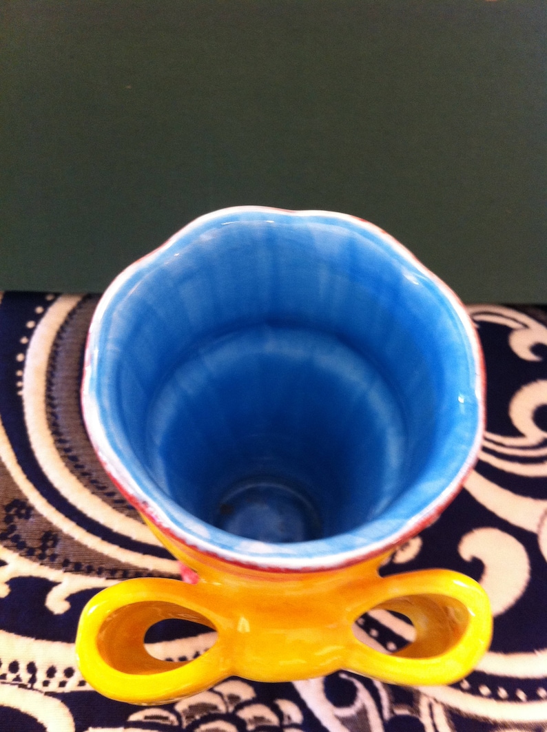 Perfect for Spring Blue Interior Bright Vase Orange With Yellow Bow 5 inches tall