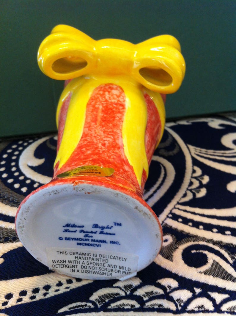 Perfect for Spring Blue Interior Bright Vase Orange With Yellow Bow 5 inches tall