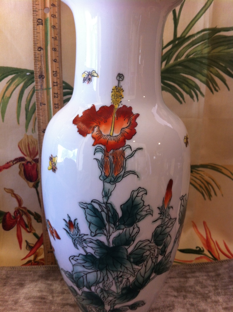 Vase A 10 inch Nora Fenton Designs Hand Decorated Porcelain Featuring Hibiacus Flowers and Bees Vase