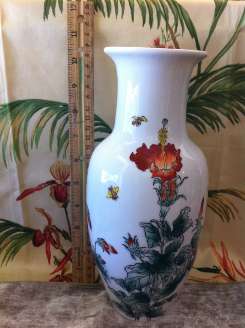 Vase A 10 inch Nora Fenton Designs Hand Decorated Porcelain Featuring Hibiacus Flowers and Bees Vase