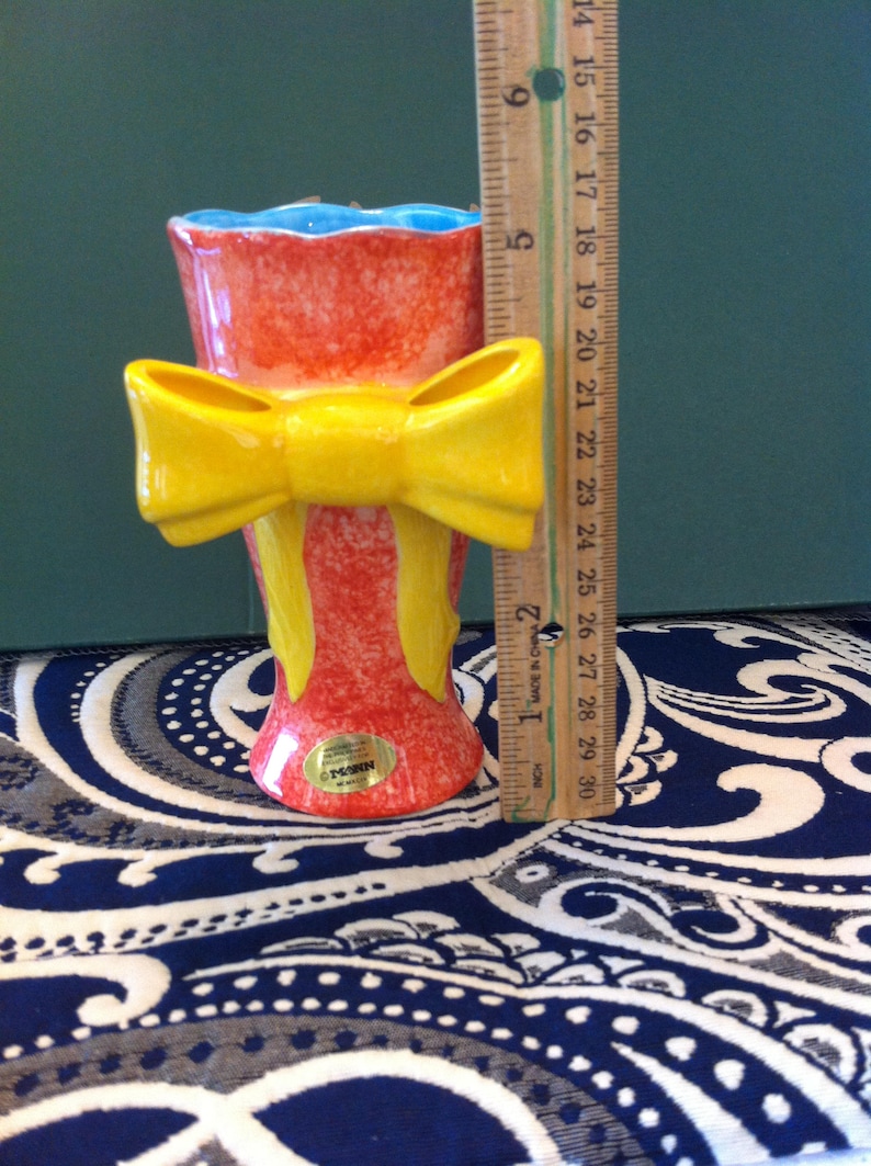 Perfect for Spring Blue Interior Bright Vase Orange With Yellow Bow 5 inches tall