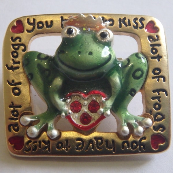 vintage enamel AJMC You Have to Kiss A Lot of Frogs Brooch