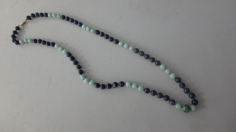 vintage beaded lapis jade and malachite necklace 120 14k gold clasp 29 inches long