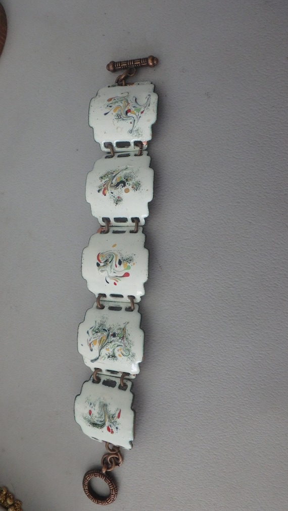 vintage copper enamel link panel bracelet