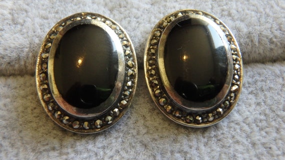 vintage Boma onyx marcasite oval sterling silver … - image 1