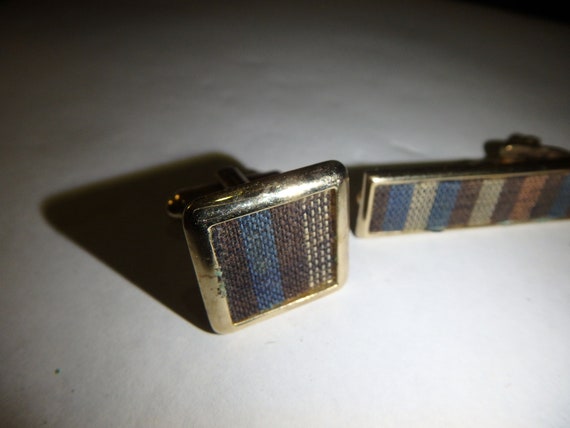 retro 1970s brown blue PLAID gold Finish Tie Bar … - image 3
