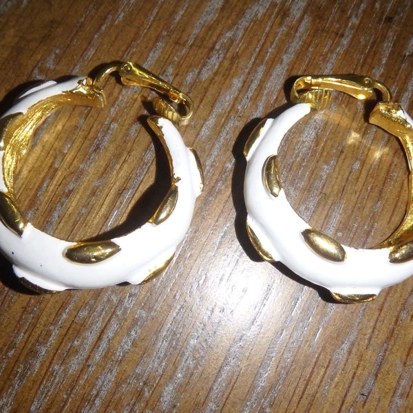 Pauline Rader Gold White Enamel hoop Earrings Clip on  Signed Vintage