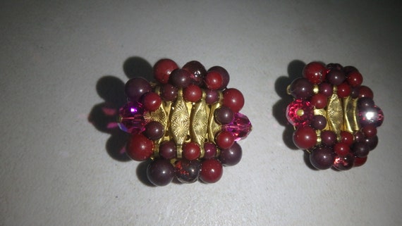 vintage kramer clip on earrings red purple gold t… - image 2