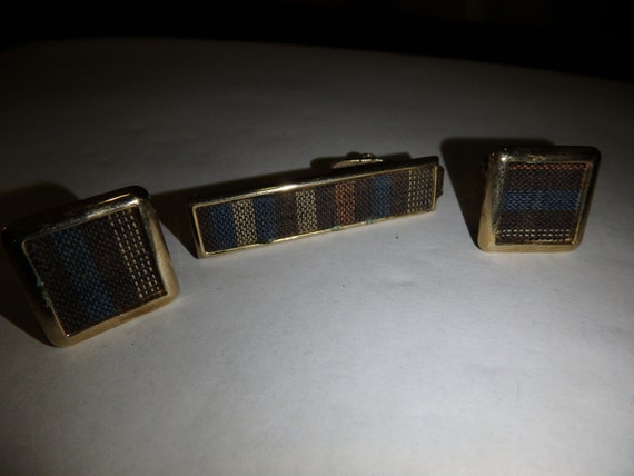 retro 1970s brown blue PLAID gold Finish Tie Bar … - image 2