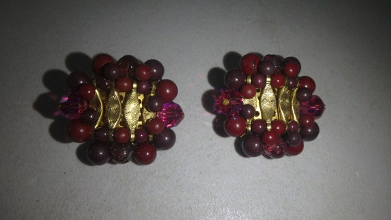 vintage kramer clip on earrings red purple gold t… - image 1