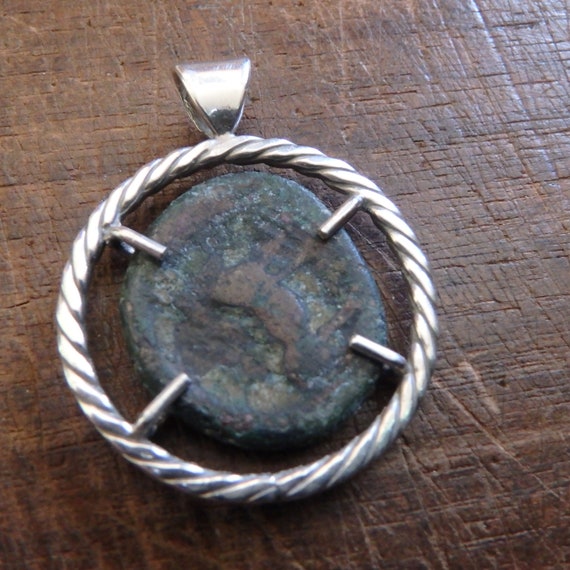 antique roman bronze coin in sterling pendant hol… - image 3