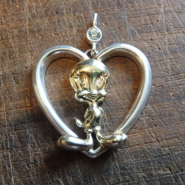 Sterling Silver 925 Vintage Lenox Warner Brothers C Z Tweety Heart Pendant