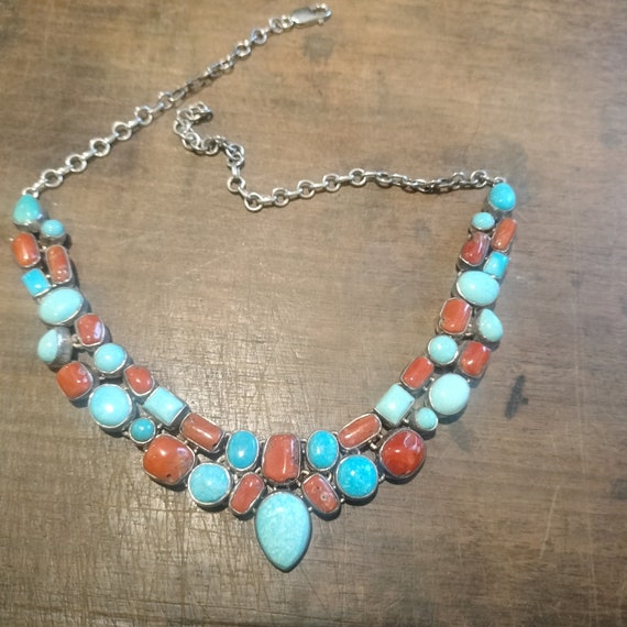 amazing natural coral & turquoise bib necklace 925