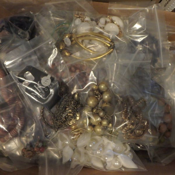 vintage jewelry grab bag assortment lot earrings necklace rhinestone  scarf clips rings  watches mixed lot signed