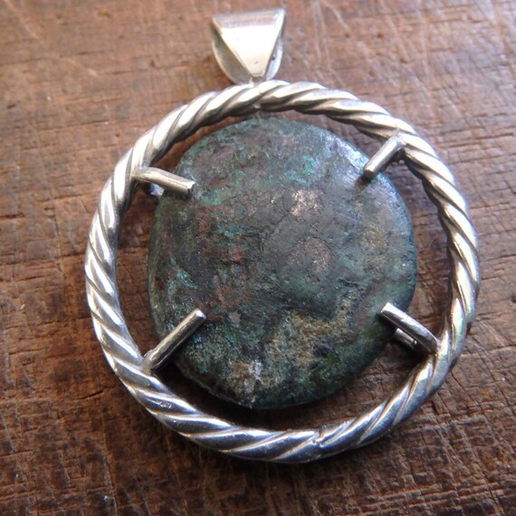 antique roman bronze coin in sterling pendant hol… - image 1