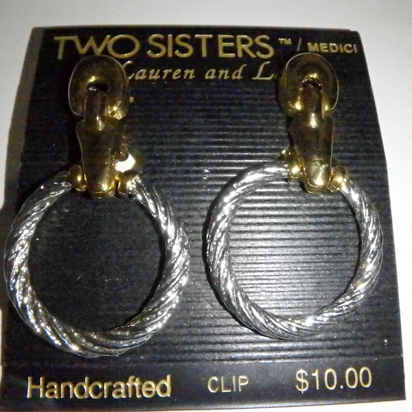 vintage two sisters earrings gold silver dangle clip on new old stock carded