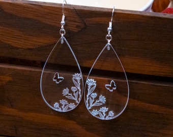 Flower earrings, pierced or clip-on clear acrylic earrings, with or without butterfly, tear drop dangle, flowers, nature, butterfly
