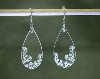 Flower earrings pierced or clip-on, clear acrylic earrings, tear drop dangle, flowers, nature,