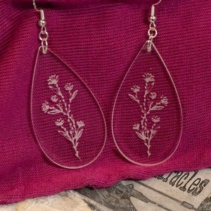 Elegant Flower Earrings pierced or clip-on, clear acrylic earrings, tear drop dangle, flowers, nature, image 1