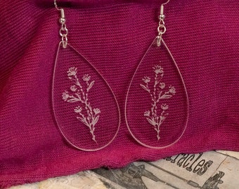 Elegant Flower Earrings pierced or clip-on, clear acrylic earrings, tear drop dangle, flowers, nature,