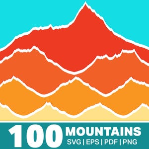 Peut inclure: Un design graphique représentant une chaîne de montagnes stylisée dans des tons de rouge, orange et jaune, sur fond de ciel bleu. Le texte "100 Mountains" est affiché en bas, avec les options de format de fichier : SVG, EPS, PDF et PNG.