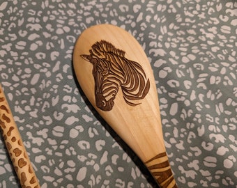 Zebra Spoon, 12" engraved wood spoon or Animal spoon set