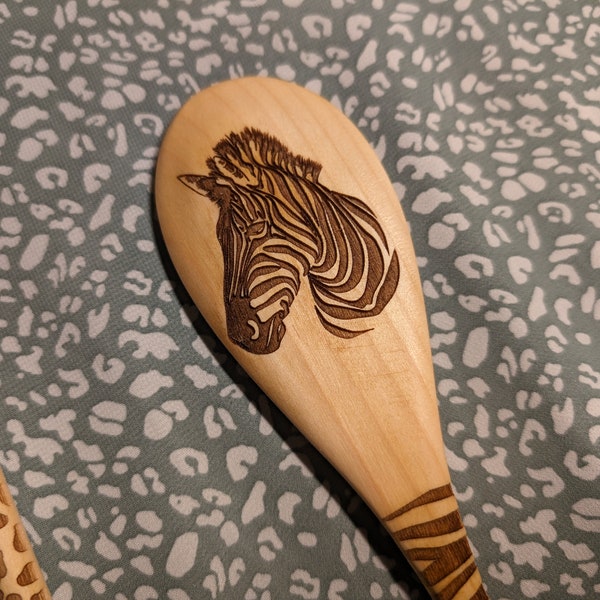 Zebra Spoon, 12" engraved wood spoon or Animal spoon set