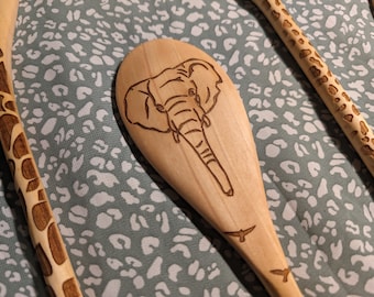 Elephant Spoon, 12" engraved wood spoon or Animal spoon set