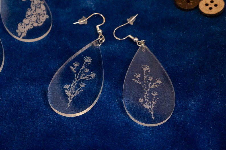 Elegant Flower Earrings pierced or clip-on, clear acrylic earrings, tear drop dangle, flowers, nature, image 5