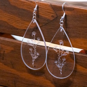 Elegant Flower Earrings pierced or clip-on, clear acrylic earrings, tear drop dangle, flowers, nature, image 7