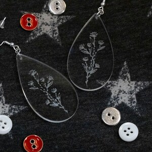Elegant Flower Earrings pierced or clip-on, clear acrylic earrings, tear drop dangle, flowers, nature, image 6