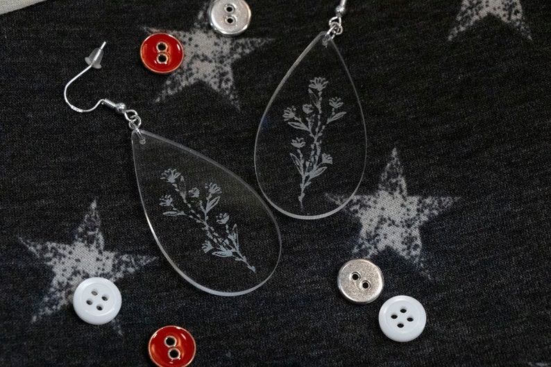 Elegant Flower Earrings pierced or clip-on, clear acrylic earrings, tear drop dangle, flowers, nature, image 6