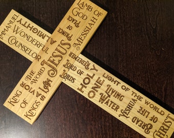 Wooden Cross sign, names of God engraved in cherry wood, crucifix