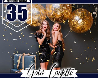 35 goudfolie confetti overlay illustraties, glitter blazen, bruiloft verjaardagsfeestje overlays, Photoshop overlays, glitter stof effect, png-bestand