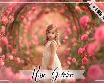 Rose garden digital backdrop, Floral arch background, Pink red flowers, Blossom spring summer garden path, Digital Photoshop backgrounds