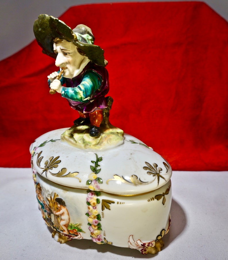 Antique Ceramic Box Rare Capo diMonte style unique Dwarf figure object d/'art trinket box Italian porcelain Luxury Birthday Collectors gift