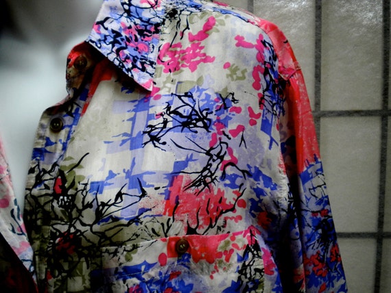 VINTAGE XL Silk SHIRT Blouse Unisex Multi Coloured