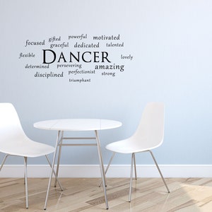 May include: A white table with two white chairs in front of a light blue wall with a black word cloud that says "DANCER" and includes words like "gifted", "powerful", "motivated", "focused", "graceful", "dedicated", "talented", "flexible", "determined", "persevering", "perfectionist", "amazing", "lovely", "strong", "disciplined", and "triumphant".