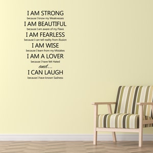 I Am Strong Vinyl Wall Decal I am Beautiful I am Fearless I am Wise I am a Lover I Can Laugh Wall Quote Motivational Sticker image 1