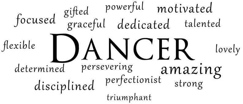 May include: Word cloud with the word "DANCER" in large font in the centre. Surrounding the word are words describing qualities of a dancer, such as "gifted", "powerful", "motivated", "talented", "focused", "graceful", "dedicated", "flexible", "determined", "persevering", "amazing", "disciplined", "perfectionist", "strong", "lovely", and "triumphant".