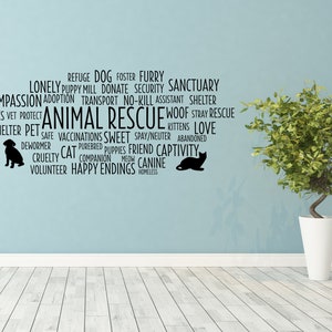 Peut inclure: Un autocollant mural avec un nuage de mots li&eacute;s au sauvetage des animaux. Les mots sont en texte noir sur un mur bleu clair. Les mots incluent "sauvetage des animaux", "refuge", "animal de compagnie", "amour", "compassion", "donner", "b&eacute;n&eacute;vole", "heureux d&eacute;nouement", "errant", "sauvetage", "ami", "canin", "f&eacute;lin", "captivit&eacute;", "sans abri", "s&ucirc;r", "vaccinations", "doux", "vermifuge", "cruaut&eacute;", "compagnon", "chiot", "usine", "transport", "sans euthanasie", "assistant", "laisses", "v&eacute;t&eacute;rinaire", "prot&eacute;ger", "aboiement", "chatons", "abandonn&eacute;", "pur-sang", "chiots", "miaulement", "foyer", "poilu", "s&eacute;curit&eacute;", "sanctuaire", "refuge", "chien", "st&eacute;rilisation/castration".