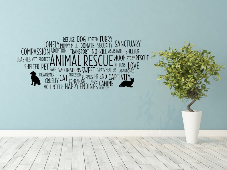 Peut inclure: Un autocollant mural avec un nuage de mots li&eacute;s au sauvetage des animaux. Les mots sont en texte noir sur un mur bleu clair. Les mots incluent "sauvetage des animaux", "refuge", "animal de compagnie", "amour", "compassion", "donner", "b&eacute;n&eacute;vole", "heureux d&eacute;nouement", "errant", "sauvetage", "ami", "canin", "f&eacute;lin", "captivit&eacute;", "sans abri", "s&ucirc;r", "vaccinations", "doux", "vermifuge", "cruaut&eacute;", "compagnon", "chiot", "usine", "transport", "sans euthanasie", "assistant", "laisses", "v&eacute;t&eacute;rinaire", "prot&eacute;ger", "aboiement", "chatons", "abandonn&eacute;", "pur-sang", "chiots", "miaulement", "foyer", "poilu", "s&eacute;curit&eacute;", "sanctuaire", "refuge", "chien", "st&eacute;rilisation/castration".